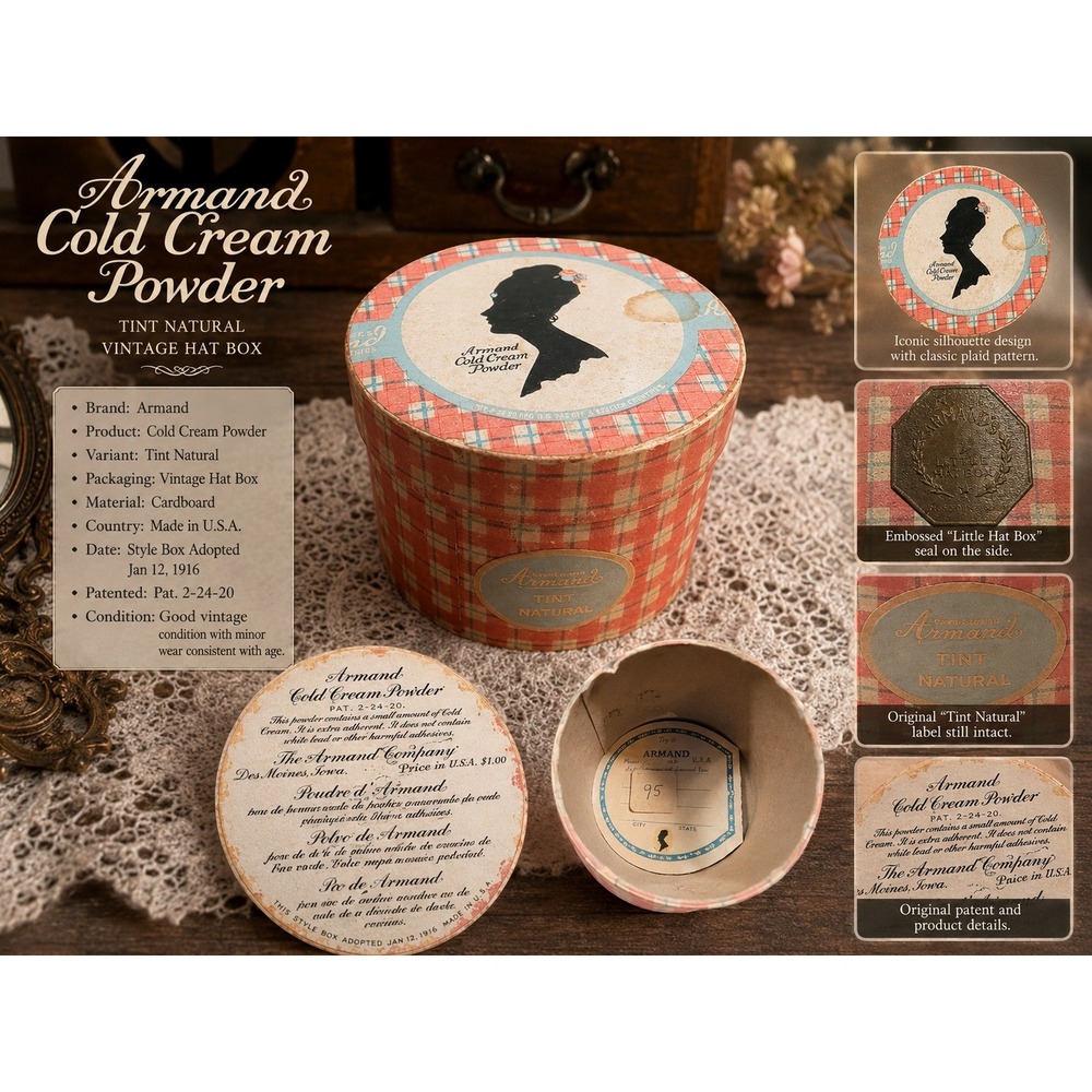 Antique Armand Cold Cream Powder Little Hat Box Vintage Face Powder Tin Natural
